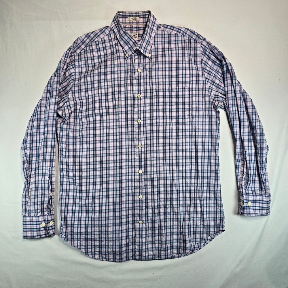 Peter Millar Mens Blue Pink Plaid Cotton Button Down Shirt Large MF16W110CBL